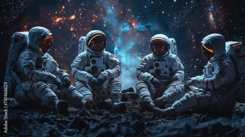Astronaut squad seated against the lunar surface backdrop with dense star field, evoking a sense of camaraderie
