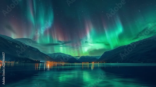 Beautiful landscape of the green Northern Lights seen from a lake at night in high resolution and high quality. CONCEPT landscape,night