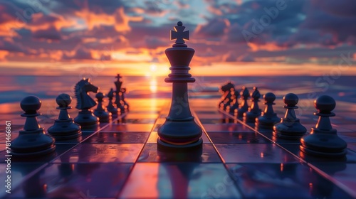 Business winning strategy concept with a king chess piece dominate on chessboard. AI generated