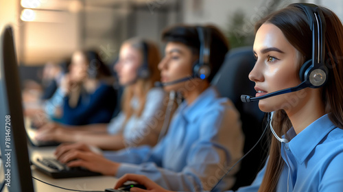 Computer supporter sitting in call center with headset on at computer and smiling, a webcare lady, brunette, with headse photo