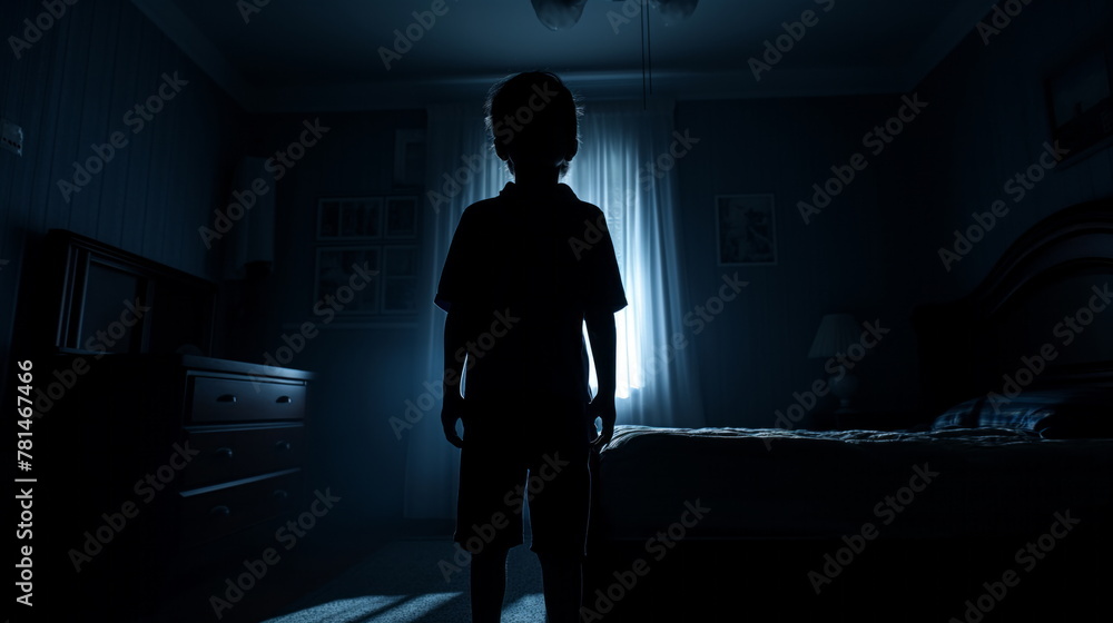 Child silhouette is backlit by a bright window in a dimly lit bedroom, evoking a sense of mystery