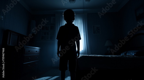 Child silhouette is backlit by a bright window in a dimly lit bedroom, evoking a sense of mystery