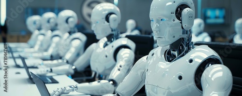 A group of robots are sitting at a desk with laptops