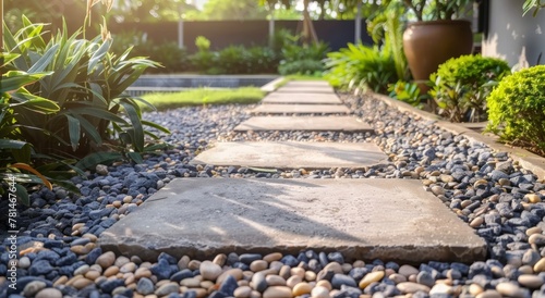 A stone walkway with a few plants in the background