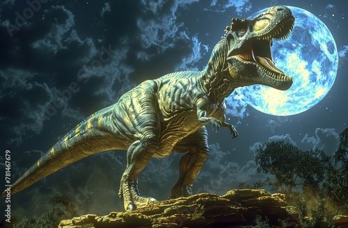 Tyrannosaurus rex, A large T-Rex is standing on a rock in front of a full moon © AW AI ART