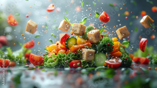 A salad with many different vegetables and pieces of meat photo