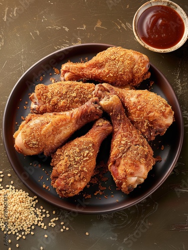 A plate of fried chicken with a side of barbecue sauce