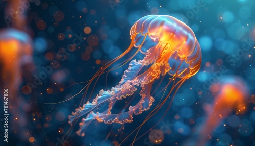 A jellyfish is floating in the water with a blue background photo