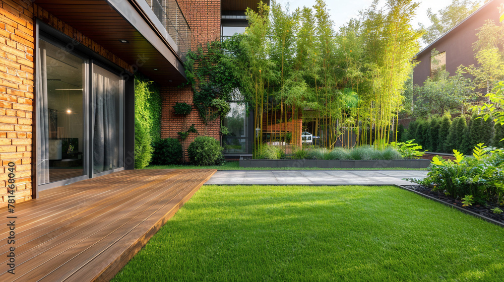 Modern House with Wooden Deck and Lush Bamboo Garden Modern House with Wooden Deck and Lush Bamboo Garden