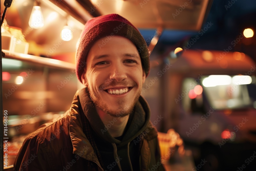 A happy man with a beanie smiling in the warm glow of a food truck at night, reflecting a vibrant urban life. Happy Man Smiling at Night by Food Truck A happy man with a beanie smiling in the warm glow of a food truck at night, reflecting a vibrant urban life. Happy Man Smiling at Night by Food Truck