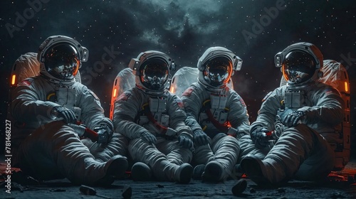 Four astronauts in spacesuits resting on a moon-like terrain with a dark, starry background, depicting a space exploration team © Fxquadro