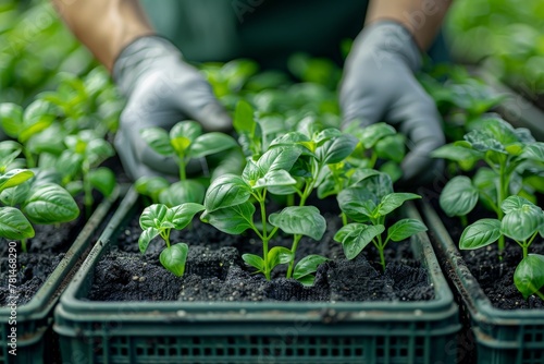 Gardener's hands nurturing young basil plants in potting trays, symbolizing growth and agriculture