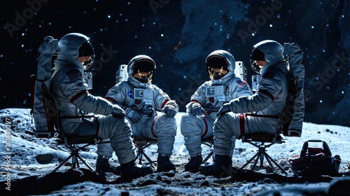 Three astronauts in spacesuits are seen chilling on the moon's surface with the Earth visible in the background, portraying a sense of camaraderie and achievement