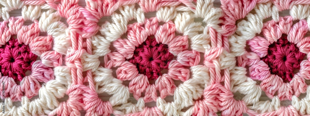 Knitted pink background with patterns top view. Crocheted granny ...