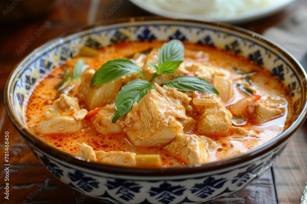 A Thai red chicken curry with basil leaves on top A Thai red chicken curry with basil leaves on top