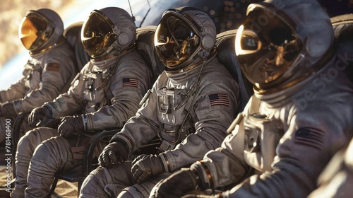 A group of astronauts is captured in a moment of camaraderie, seating together in full space gear, with an earthy backdrop