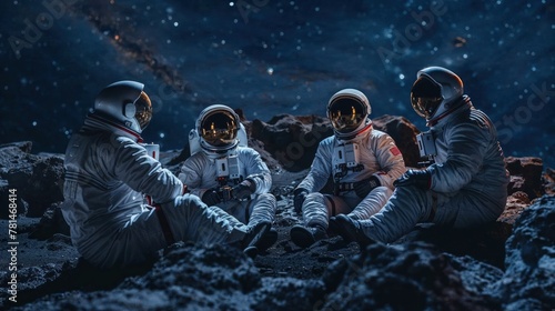 Atmospheric portrayal of astronaut crew in a scene that resembles a cinematic portrayal of a space opera on the moon