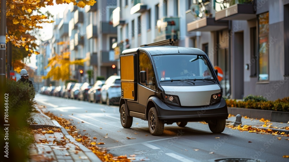 Electric delivery vehicle on a city street lined with autumn leaves, sustainable transport concept