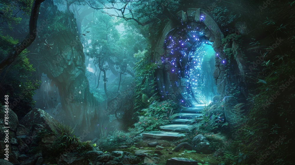 Mystical forest gateway with blue luminous energies, enchanting fantasy concept