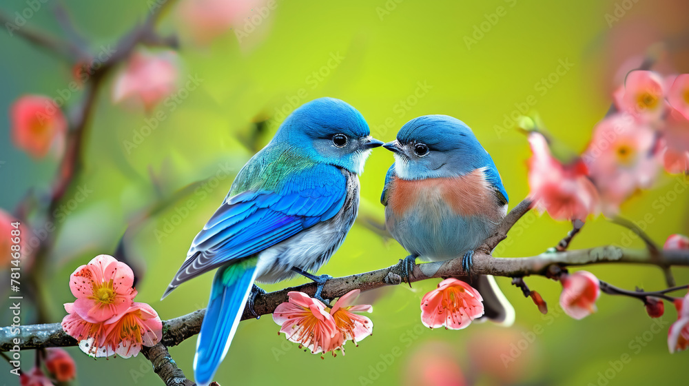 Two birds are sitting on a branch with pink flowers in the background. The birds are blue and red, and they are looking at each other. Concept of peace and harmony Two birds are sitting on a branch with pink flowers in the background. The birds are blue and red, and they are looking at each other. Concept of peace and harmony