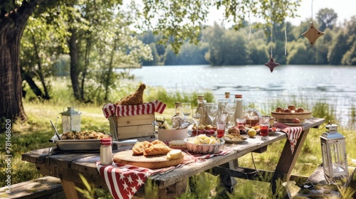 Lakeside summer picnic with a variety of food and drinks. Rustic outdoor feast with a view of the lake