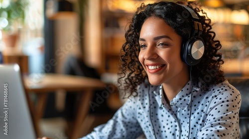 Smiling woman enjoying musi...