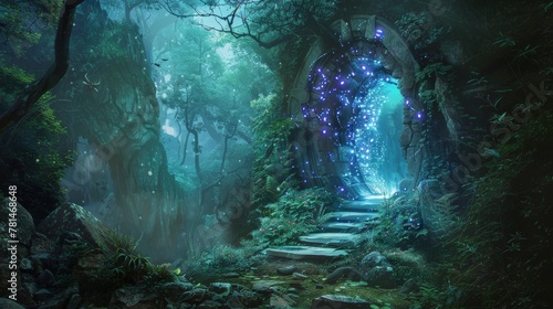 Mystical forest gateway with blue luminous energies, enchanting fantasy concept #781468648