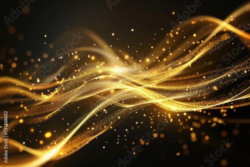 Golden waves. Glowing gold lines. Luxury background. Glowing lights, sparkles on black background.