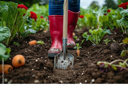 In the midst of a garden, a person stands in red boots with a shovel in rich soil, indicating active gardening photo