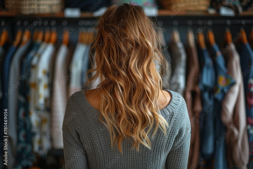 Rear view of a blonde woman contemplating various clothing options hanging in a store