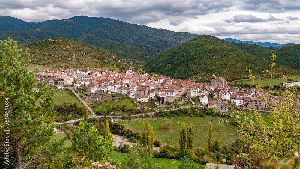 Ansó, Huesca, Spain - October 18, 2023: General view of the village in Valle de Ansó, Pyrenees.