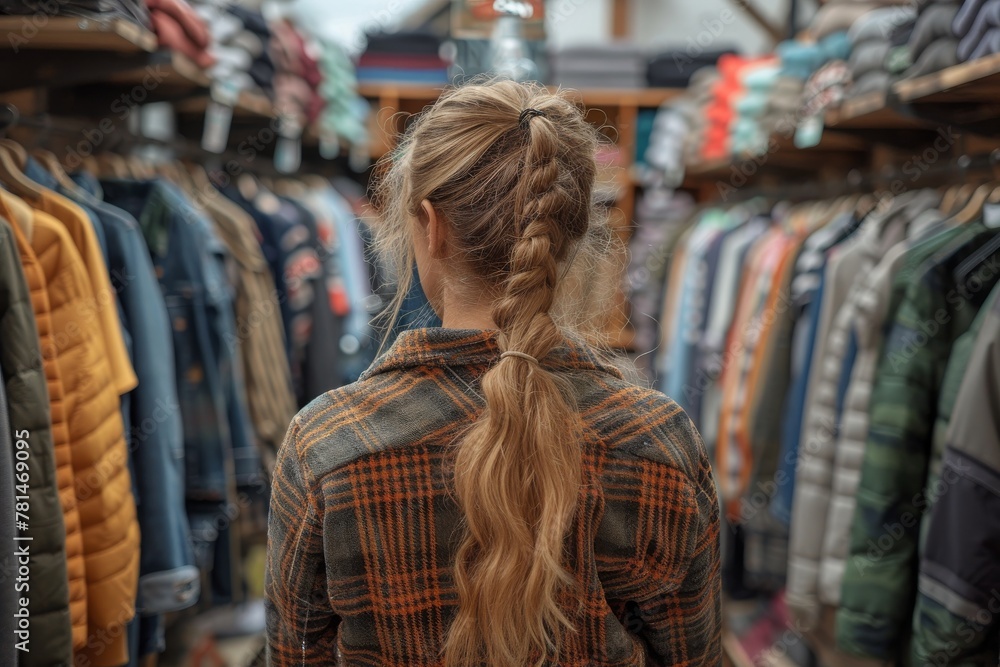 Back view of a woman with braided hair choosing apparel in a diverse clothing store