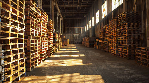 Stacked Wooden Pallets in a Spacious Warehouse Interior