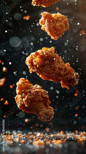 Three pieces of fried chicken are flying through the air. The image has a playful and fun mood, as if the chicken are having a party or celebration