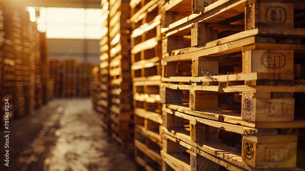 Stacks of Wooden Pallets Illuminated in Warehouse Space