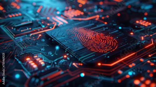 Futuristic bright fingerprint on the digital surface technology computer graphic. AI generated