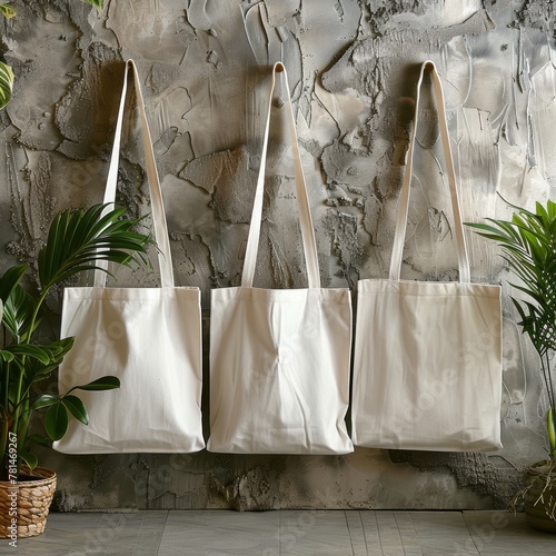 Three white tote bags hanging on a wall. The bags are all the same color and appear to be empty. The wall behind the bags is made of concrete and has a green plant growing out of it