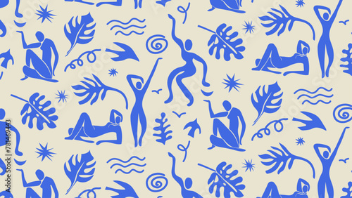 Abstract seamless pattern with women figures, plants and organic shapes inspired by Matisse paper cut style. Vector illustration for brochure covers, wallpaper, wrapping paper, textiles print 
