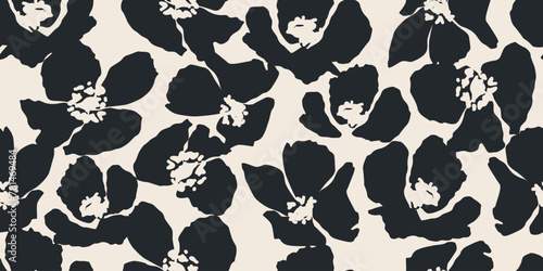 Flower seamless pattern. Organic shapes abstract floral background. Modern print in black and white colors for textile design, fabric, wallpaper, covers, cards, wall art, posters and decoration.