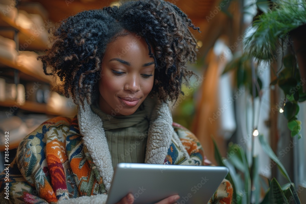A stylish woman reads a tablet with a smile in a cozy bookstore or cafe setting A stylish woman reads a tablet with a smile in a cozy bookstore or cafe setting