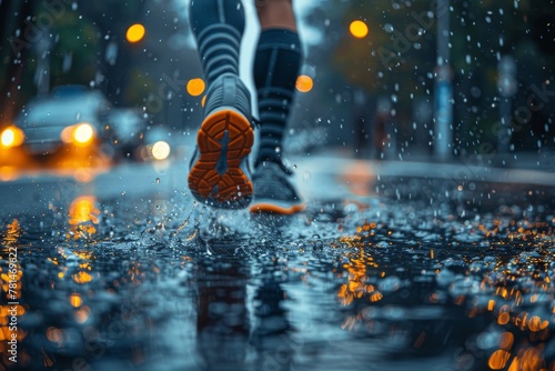 A captivating visualization of a person running on a wet city road with splashing water highlighting action and weather conditions photo