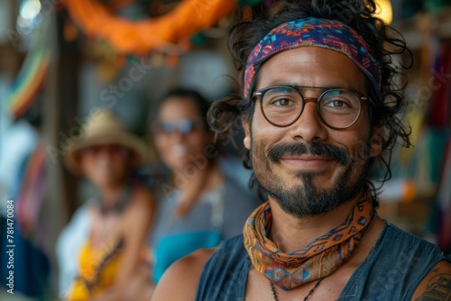 A portrait of a cheerful man with a headband  glasses and a goatee in a vibrant market setting