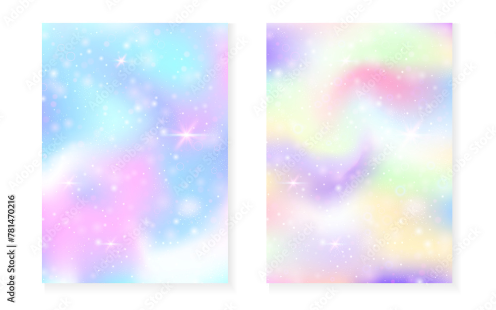 Unicorn background with kawaii magic gradient. Princess rainbow hologram. Holographic fairy set. Vibrant fantasy cover. Unicorn background with sparkles and stars for cute girl party invitation.