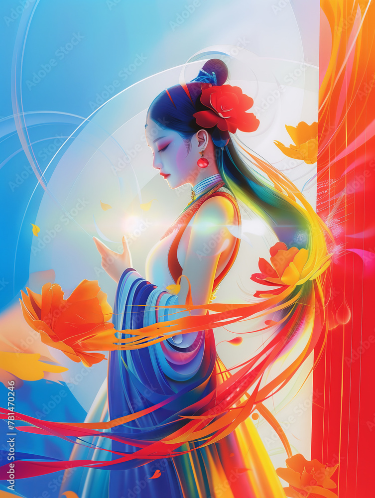 Fototapeta premium Serene Beauty with Floral Elements in Surreal Illustration