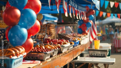 Outdoor food stall with hot dogs and balloons. Festive street fair with American flag theme.