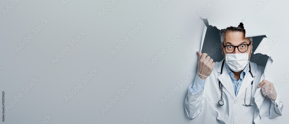 A symbolic image of a doctor symbolizing solution-finding by breaking through a white background - obrazy, fototapety, plakaty 