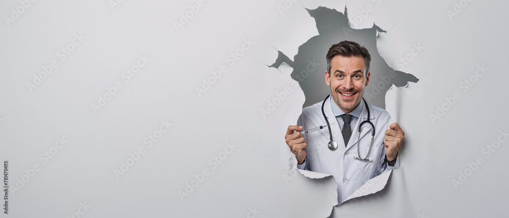 Charming male doctor giving thumbs up while peeking through a white paper tear