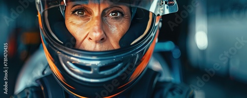 aged gray haired female racer with wrinkles wearing helmet and protective glasses