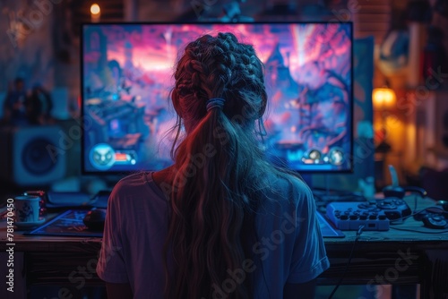 A woman is fully engaged and enjoying an immersive gaming experience with a colorful and vibrant screen in front of her