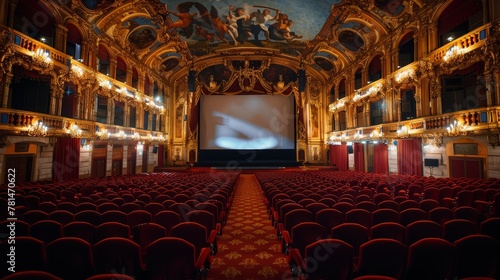 Luxurious theatre interior with red velvet seats and grandiose golden ornamentation.